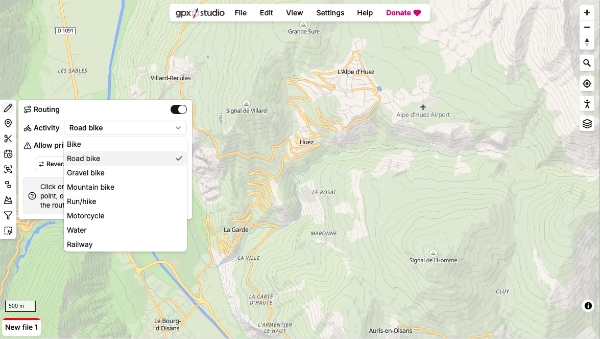 The Activity dropdown expanded showing Bike, Road bike, Gravel bike, Mountain bike, Run/hike and other options