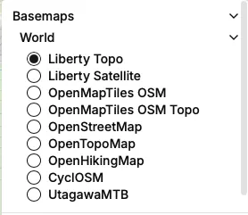 The basemaps panel listing OpenStreetMap, CyclOSM, OpenTopoMap and other map styles, plus overlays
