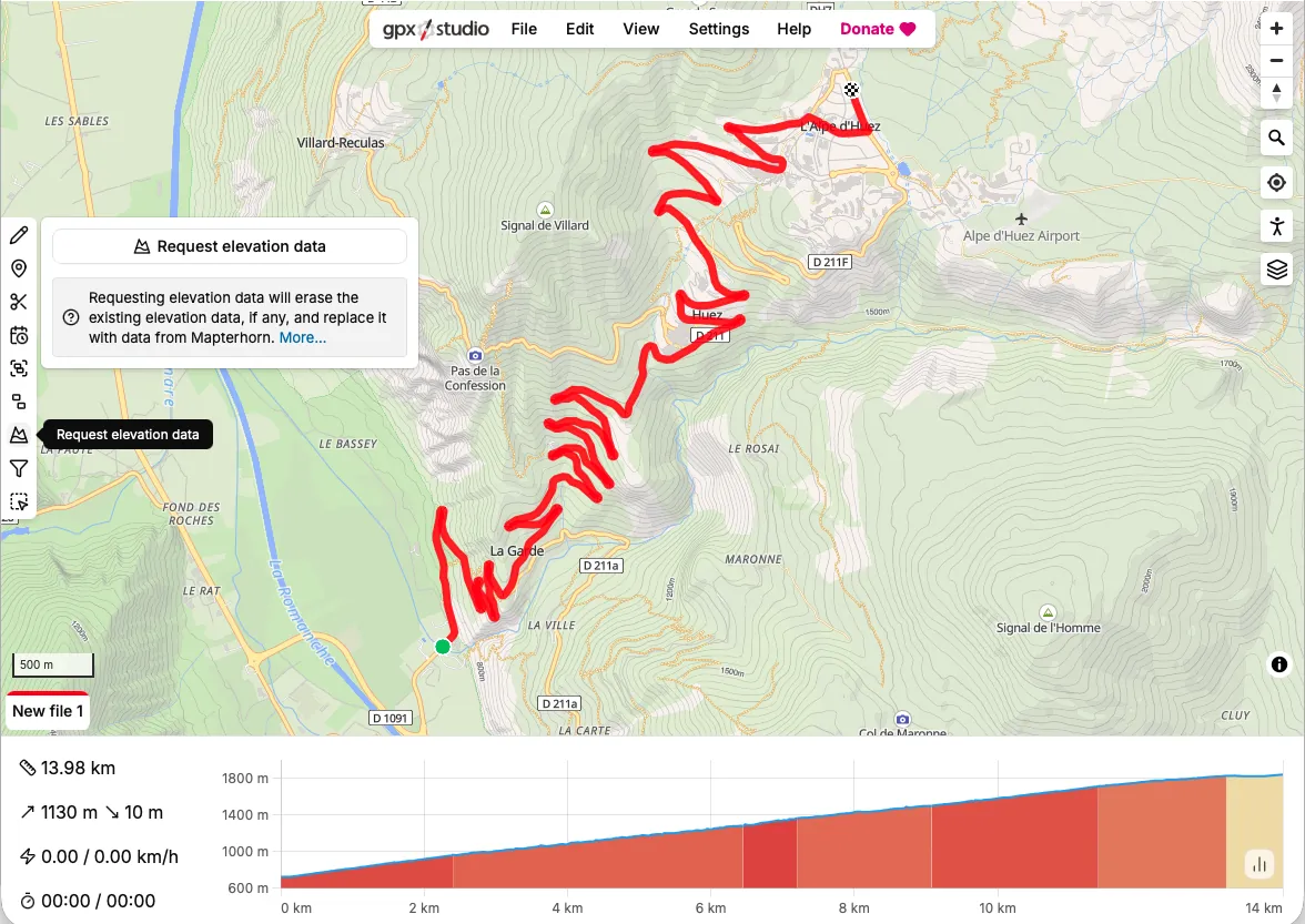 A drawn route with the Request elevation data tool open and the gradient-colored elevation profile at the bottom
