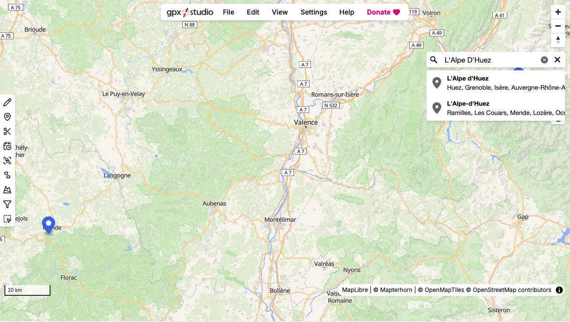 The gpx.studio search box in the top-right corner showing suggestions for a place name